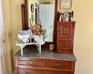 Antique Victorian Dresser, antique Bench and Basket , doilies….