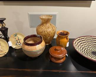 Signed Hardwood pieces, Baskets..