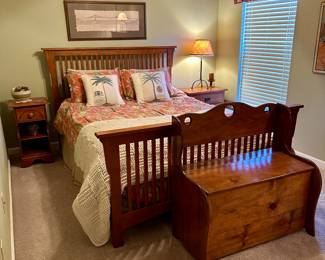Mission Style Queen  Bed, Storage Bench, End Tables, Lamp, Tommy Bahama Comforter Set