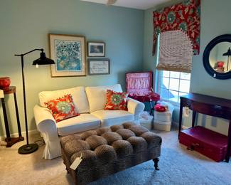 White Loveseat, Leapord Storage Ottoman, Game Table