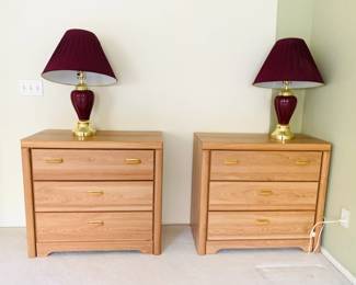 (2) Blonde Three Drawer Chests / (2) Burgundy Lamps