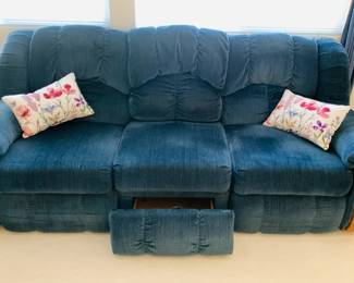 Reclining Blue Sofa with Storage Drawer