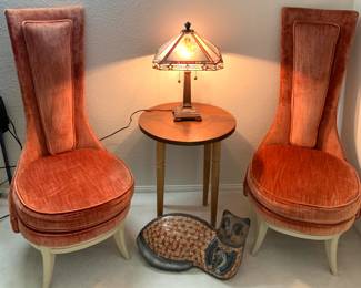 (2) Orange Mid Century Chairs / Ceramic Cat Decor