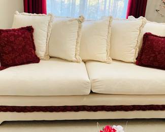 White Sofa w/Burgundy Braid & Pillows