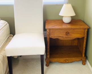 Oak Nightstand / White Chair