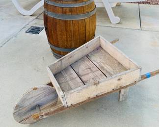 Small Barrel & Decorative Wheelbarrow
