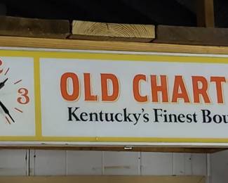 vintage 1970s Old Charter glass and metal light up sign. lights and clock not running. there is a crack behind clock face