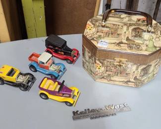 vintage 1970s craft box purse, decoupage, Kelley West metal auto plaque