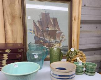 vintage pottery, Homer Laughlin, McCoy Great needlepoint ship picture