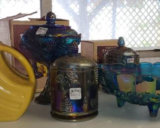 vintage ball jug and several pieces Blue Indiana Carnival glass