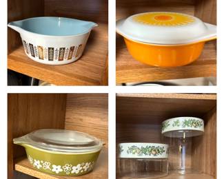 Pyrex Gold Delphte Blue 2-1/2 qt Casserole; Pyrex Orange Daisy Sunflower Covered 1-1/2 gt Casserole; Pyrex Crazy Daisy Spring Blossom 1pt. 471; Pyrex Corning Spice O Life See N Store Canisters