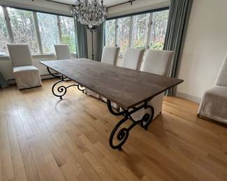 Wrought iron base Dining Table with Restoration Hardware Slipper chairs