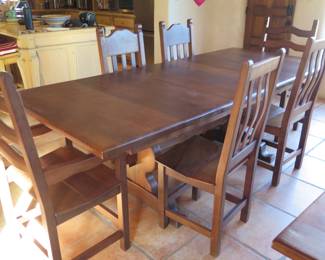 Walnut Trestle Leaf Table with Six Chairs