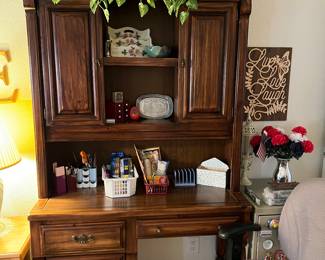 DESK WITH HUTCH, DESK CHAIR, OFFICE SUPPLIES, ARTIFICIAL PLANTS