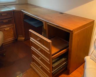 Two piece desk with a printer drawer and a corner piece