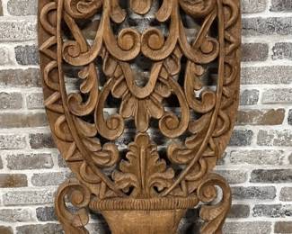 Vtg. Carved Wooden Urn w/ Flowers Sculpture