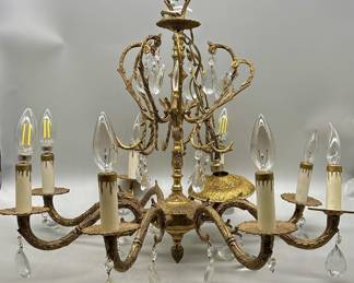 Vtg. Heavy & Ornate, Gilt Brass Crystal Chandelier