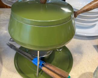 Mid Century Modern Green Fondue Pot with Chafing Burner