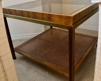 Mid Century Brass Cane and Glass Top Side Table