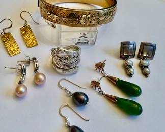 Petroglyph Style Dangle Earrings, Gold Filled Etched Hinged Bangle Bracelet, Pearl Dangle Earrings, Chinese Style Jade Dangle Earrings,  Faux Pearl Dangle Drop Earrings