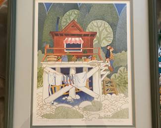 Framed and Matted Lithograph "Tenakee Laundry" by Rie Munoz