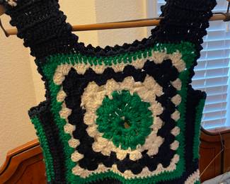 Green, White & Black Crocheted Cropped Tank Top