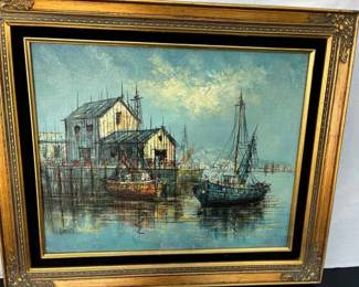 Pier Harbor Oil Painting Signed Gentilli