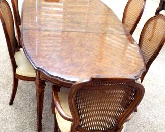 Drexel Walnut Dinner Table Cane Back Chairs