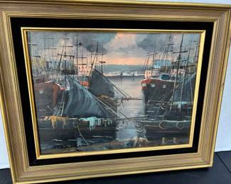 Boats in Harbor Painting Signed