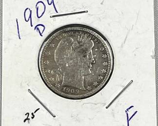 1909-D Silver Barber Quarter, US 25c Coin