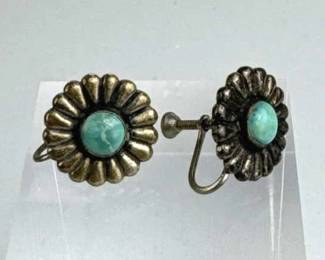 925 Silver Turquoise Flower Screwback Earrings