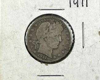1911 Silver Barber Quarter, US 25c Coin
