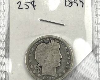 1899 Silver Barber Quarter, US 25c Coin