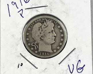 1916 Silver Barber Quarter, US 25c Coin