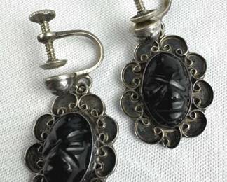 925 Silver Vtg Carved Black Onyx Tribal Face Mask