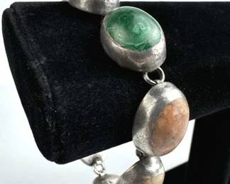925 Silver Taxco Vtg Oval Chunky Multi-Stones Brac