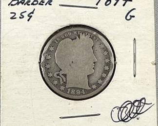 1894 Silver Barber Quarter, US 25c Coin