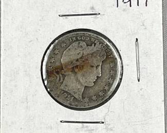 1911 Silver Barber Quarter, US 25c, 90%