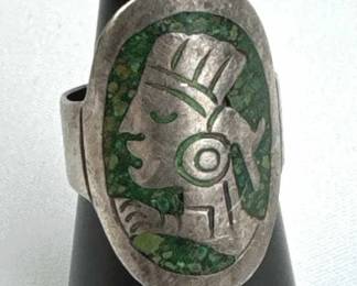 925 Silver Taxco Aztec Figural Turq. Inlay Ring