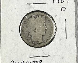 1907-O Silver Barber Quarter, US 25c Coin