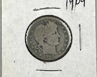 1909 Silver Barber Quarter, US 25c Coin