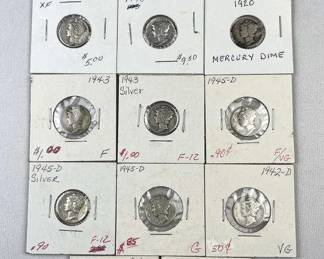 (14) Mercury Silver Dimes, 1920s-40s, 90%