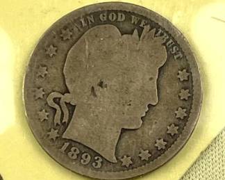 1893 Silver Barber Quarter, US 25c Coin