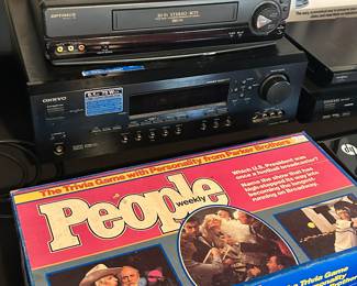 Vintage People board game, Optimus VHS player, and Onkyo Receiver