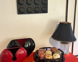 Vintage Global Views MCM art glass, mosaic decorative balls, lamp, and leather wall hanging 