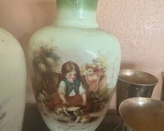 Hand painted uranium glass vases