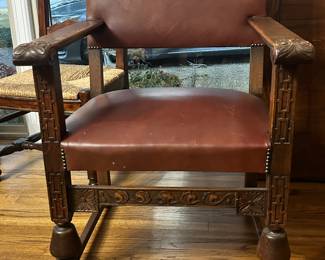 Hand Carved Oak and Leather King chairs