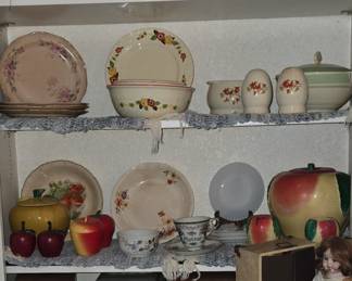 Plates - Stereo System - Couple Cookie Jars - old Doll with Trunk