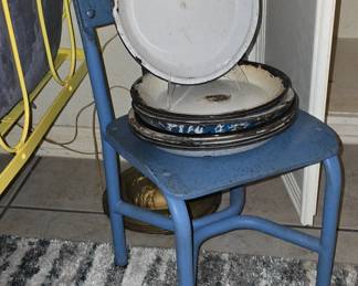 Antique Child's Chair with Enamelware Plates
