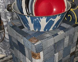 This is a Cool Stool Covered with Old Denim Jean Pockets -,We have throw Pillows made this way!